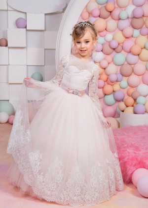 Ivory And Blush Pink Lace Tulle V Back Beaded Flower Girl Dress